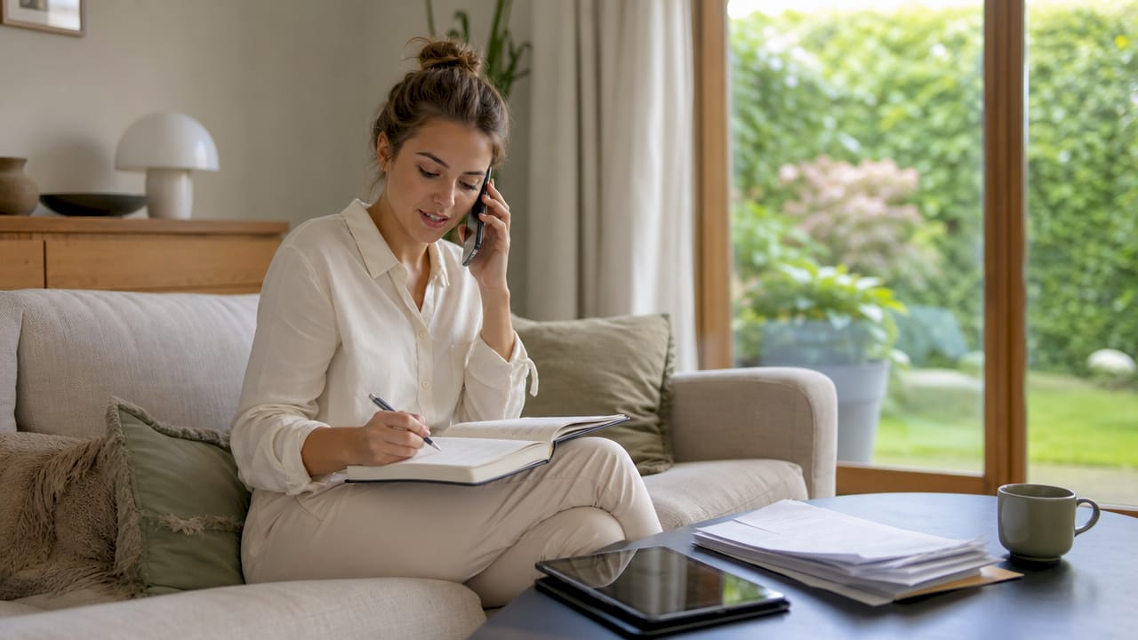 Vrouw overlegt telefonisch aan haar bureau over de SBI-code