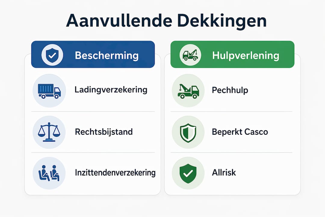 Overzichtelijke infographic met een vergelijking van aanvullende dekkingen bij vrachtwagenverzekeringen
