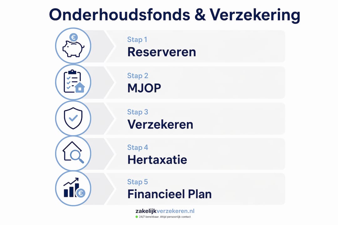 Deze infographic geeft VvE-bestuurders een helder overzicht van het traject rondom het onderhoudsfonds en de verzekeringen.