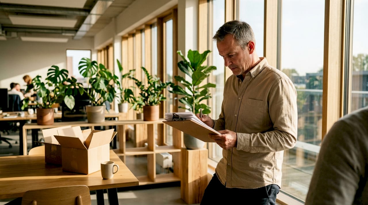 Een medewerker controleert de voorraad in het magazijn van het kantoor.
