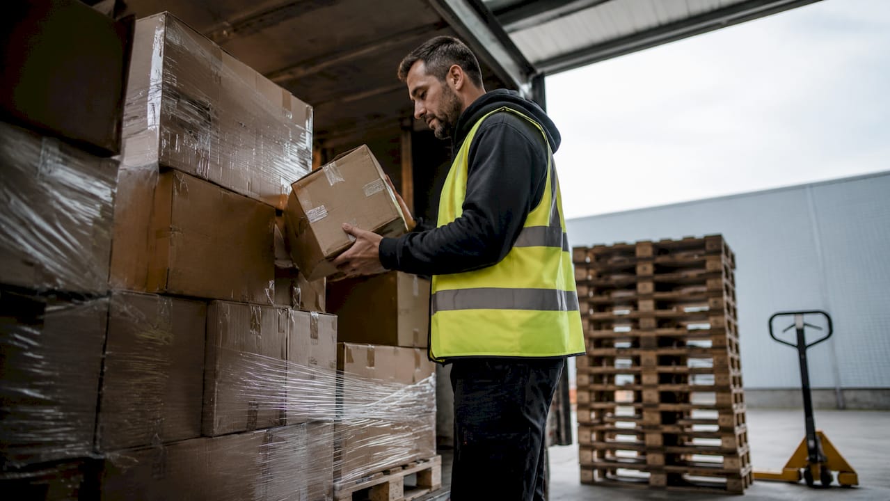 De logistiek medewerker inspecteert de pallet in de container.