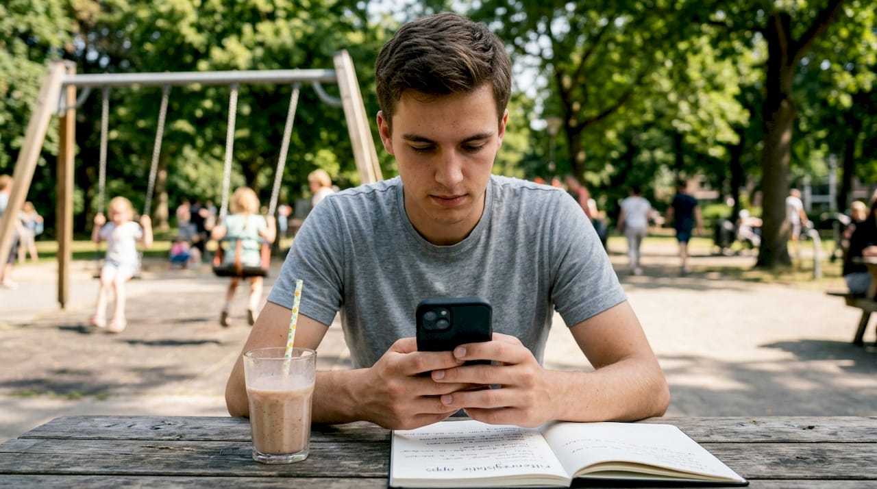 Detailopname van handen die een smartphone bedienen naast papieren voor het registreren van een reis