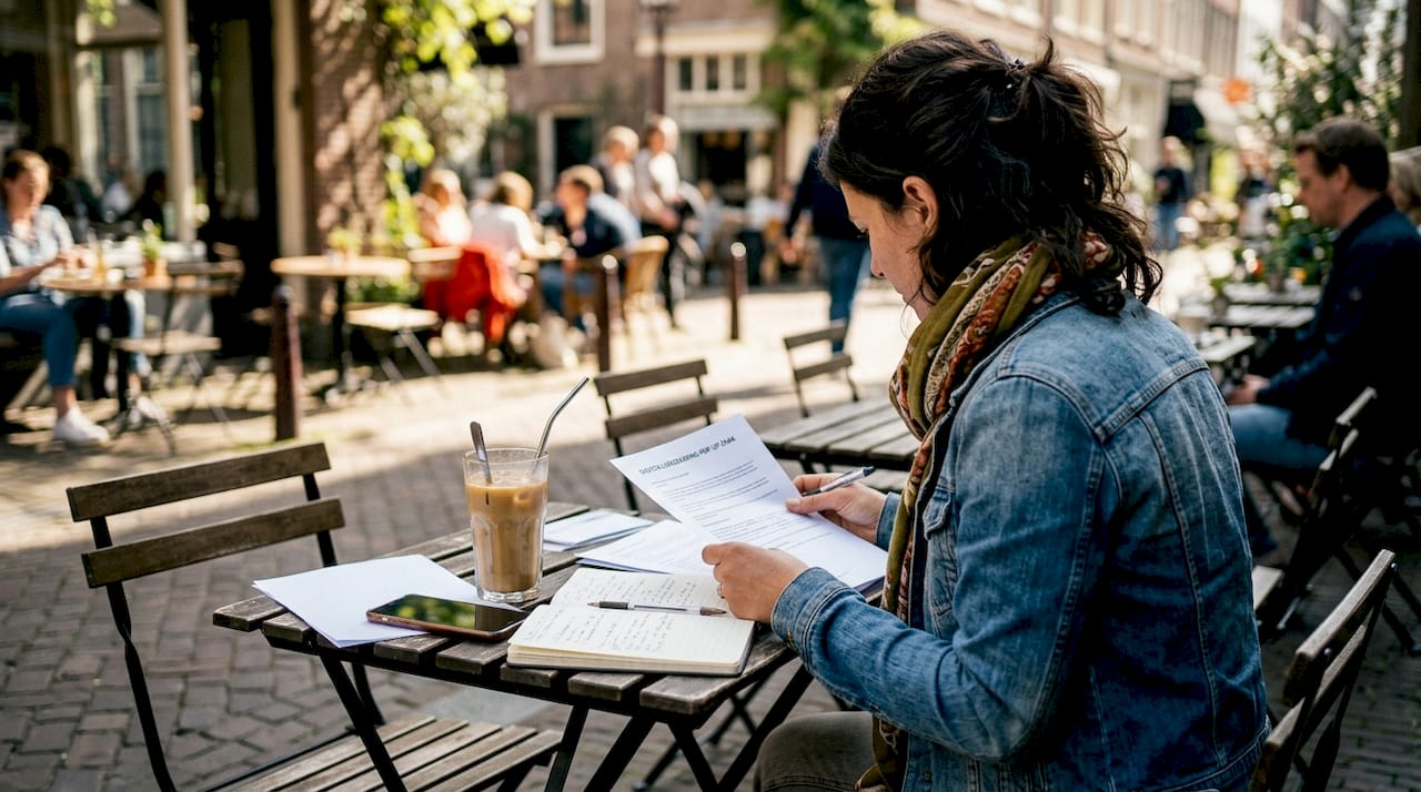 Een vrouw bekijkt overdag haar verzekeringspolis terwijl ze buiten zit.