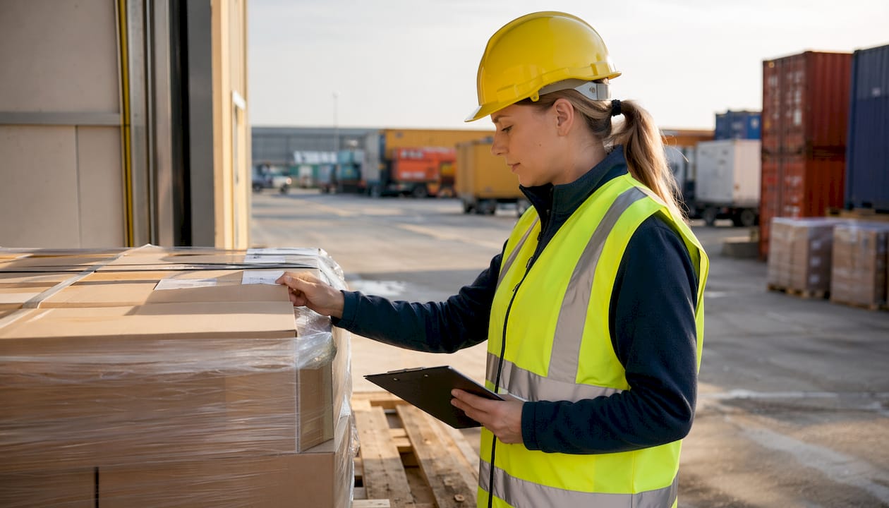 Een vrouw inspecteert goederen die tijdelijk buiten zijn opgeslagen.