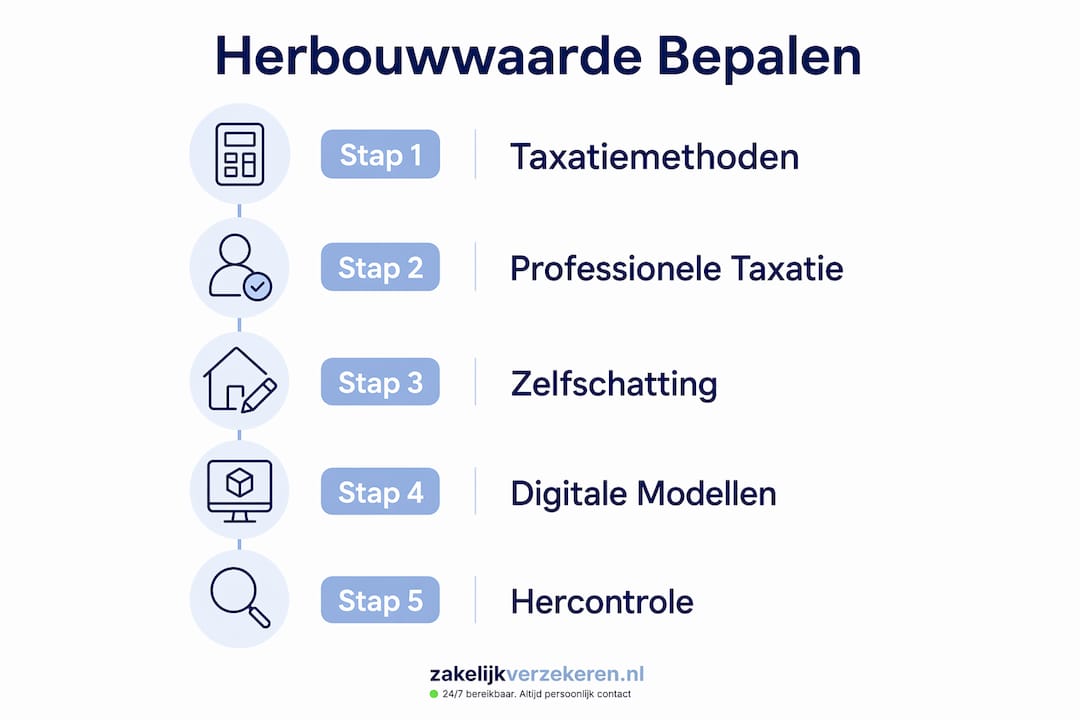 Infographic met een overzicht van de stappen om de herbouwwaarde van een woning te berekenen