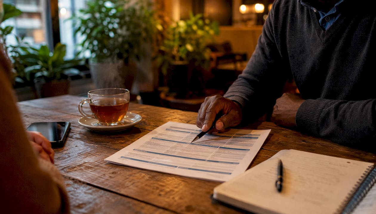 Een hand wijst naar de verzekeringsfolder die op tafel ligt.