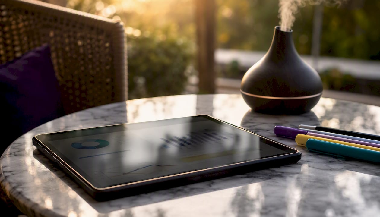 Op het bureau ligt een tablet waarop vage financiële gegevens te zien zijn.