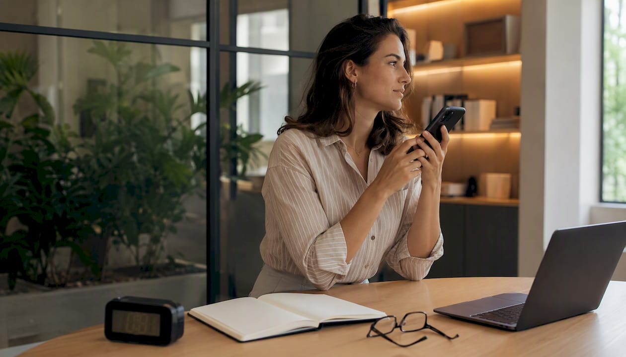 Een paar handen houdt een bureautelefoon vast