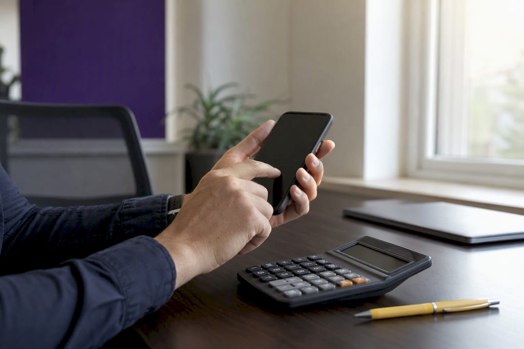 Hand die een smartphone bedient op een bureau
