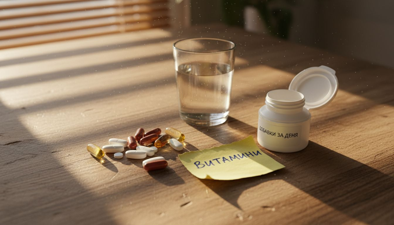 Различни видове таблетки и хранителни добавки, подредени върху масата