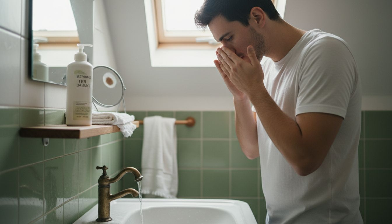 Мъж си облива лицето с вода, като внимателно го измива.