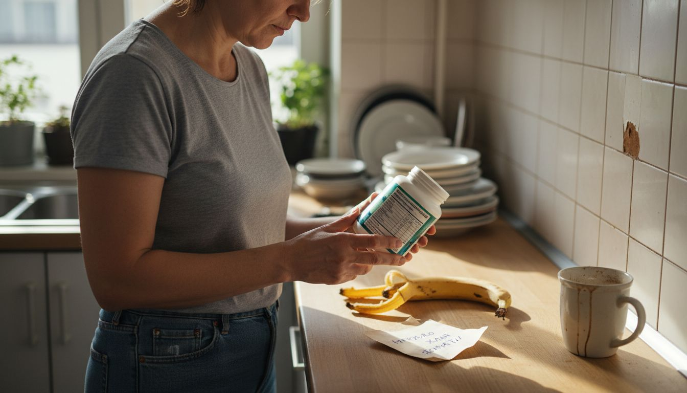 Жена се спира пред рафта с добавки и внимателно разглежда информацията на опаковката.