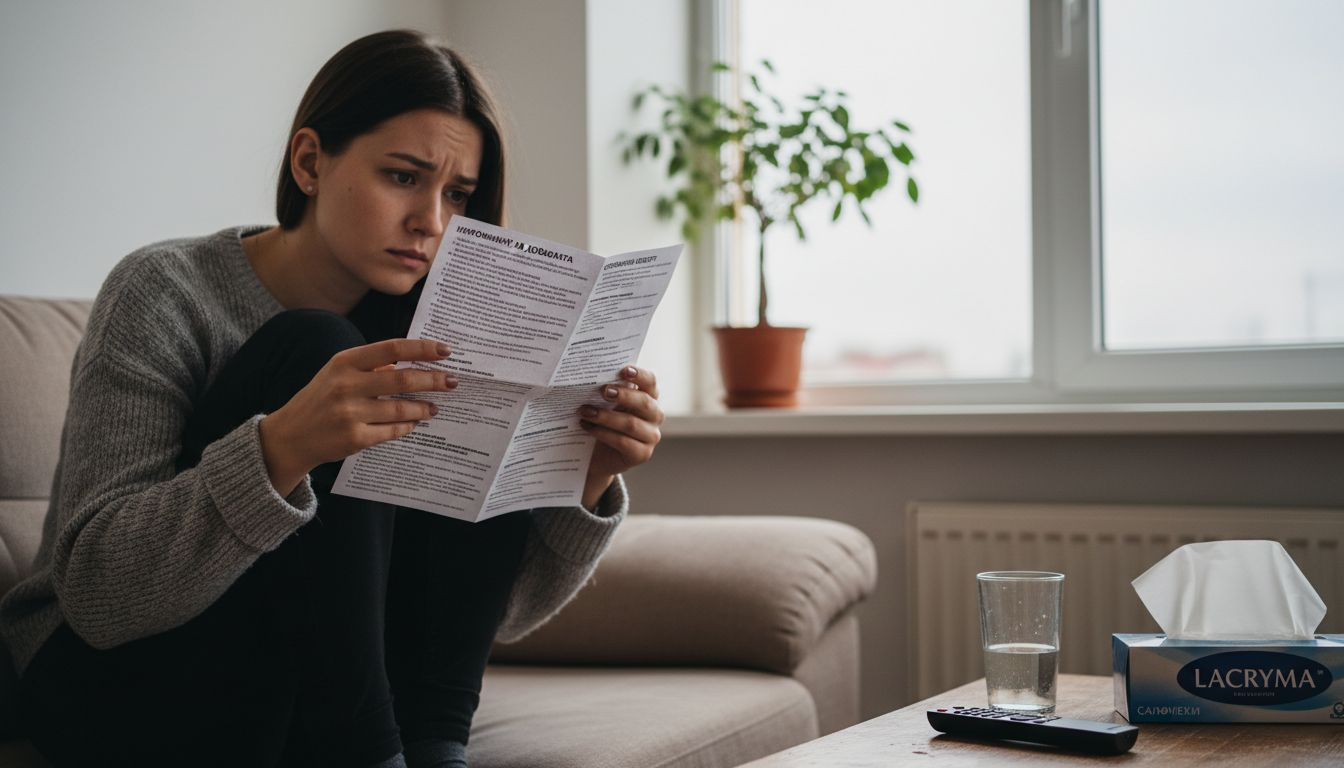 Жена разглежда листовката на хранителна добавка, за да се информира за възможните странични ефекти.