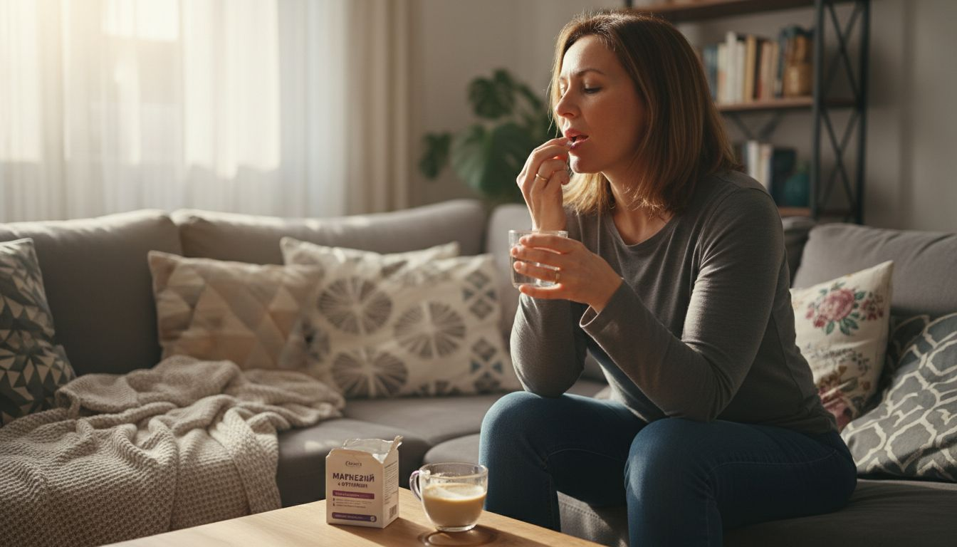 Жена си отпочива в удобната си всекидневна, докато приема магнезий за здравето си.