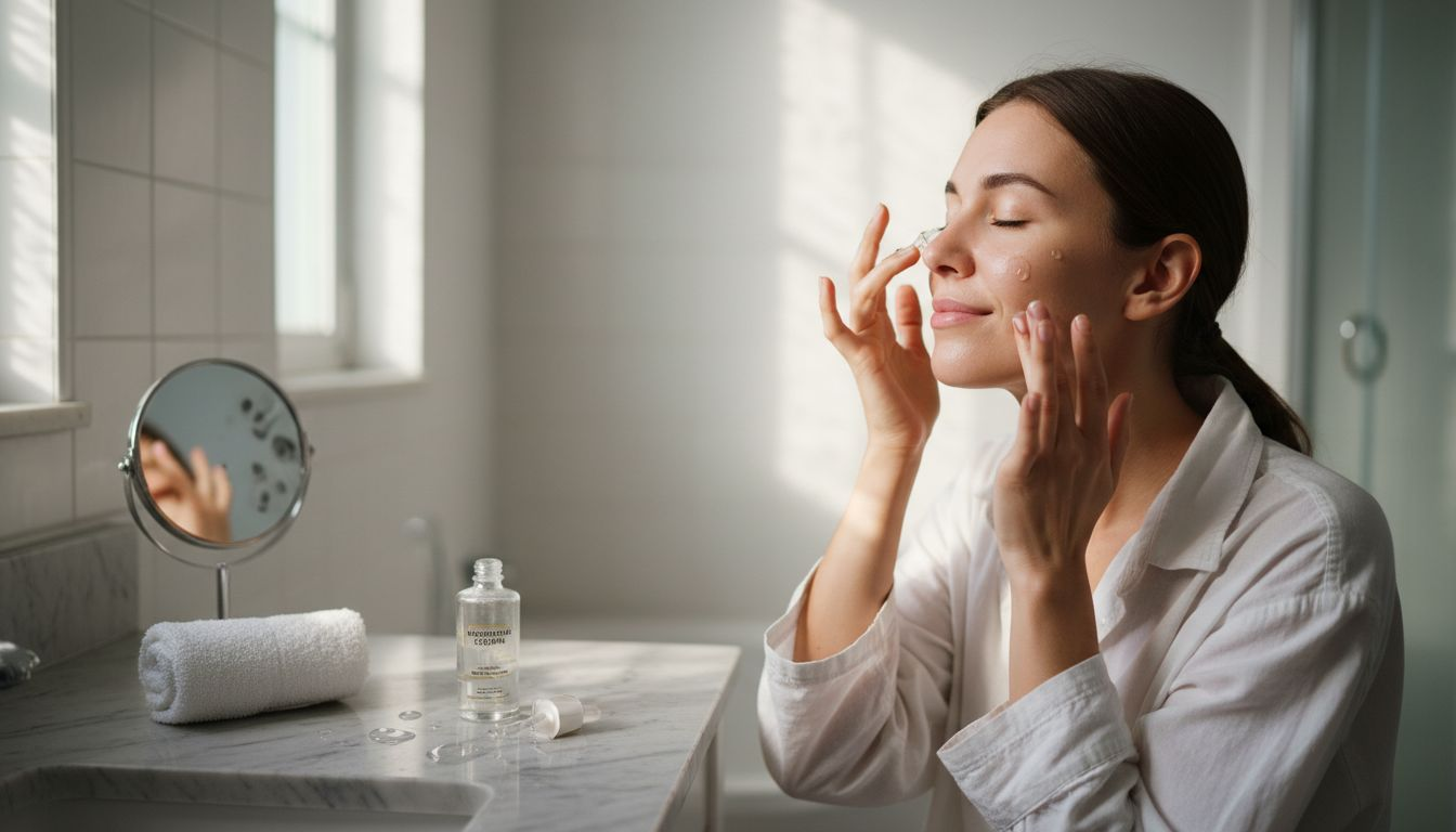 Жена нанася хидратиращ серум върху лицето си.