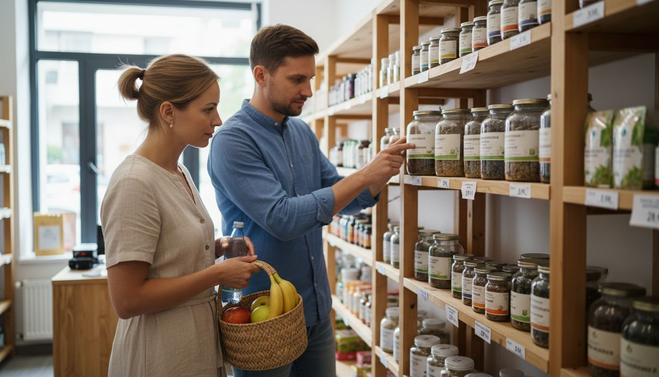 Two people are browsing and selecting adaptogens and vitamins in the store.