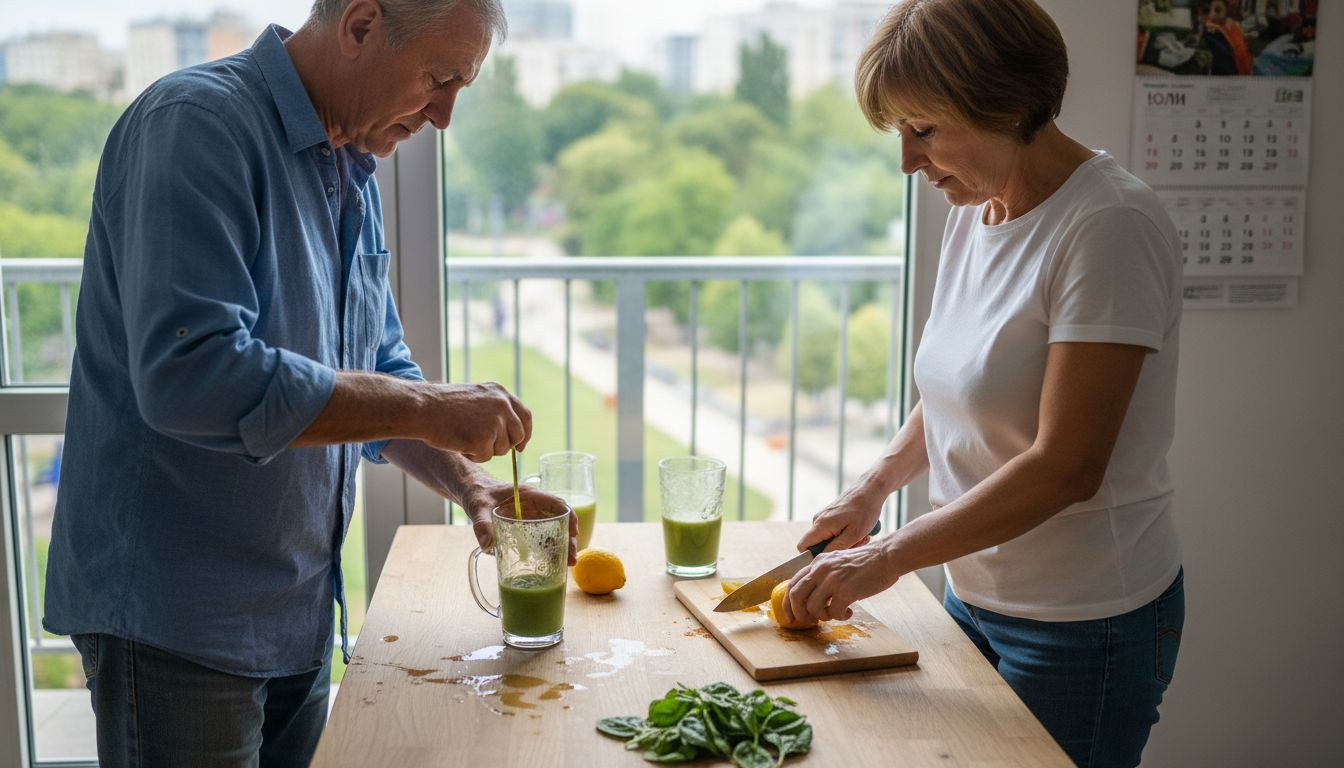 The whole family is gathered in the kitchen and together they prepare refreshing detox drinks at home.