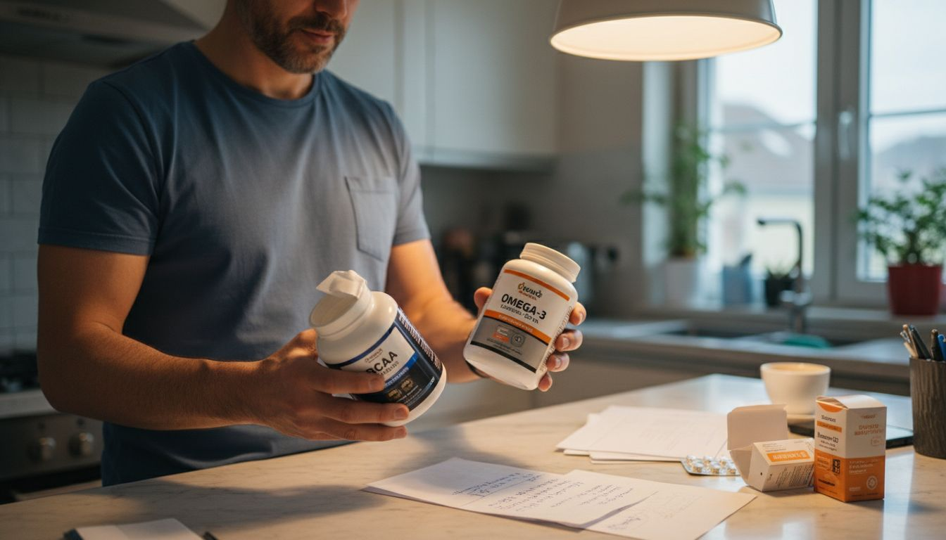 Мъж оглежда и сравнява съставките на различни хранителни добавки, преди да избере най-подходящата за себе си.