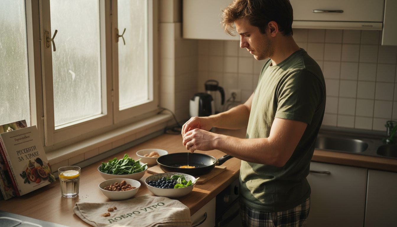 Мъжът приготвя закуска, богата на протеини и антиоксиданти.