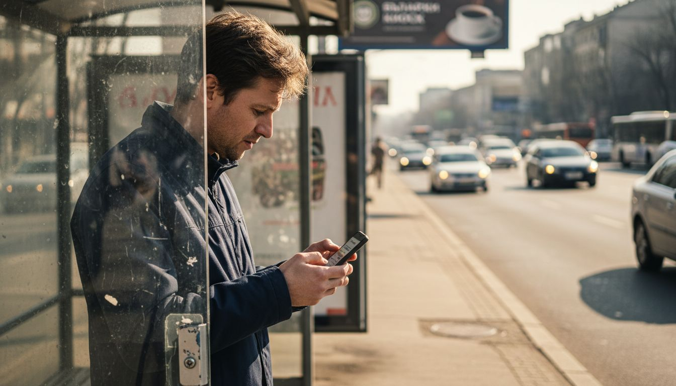 Мъж чака автобуса на спирката и си проверява телефона.