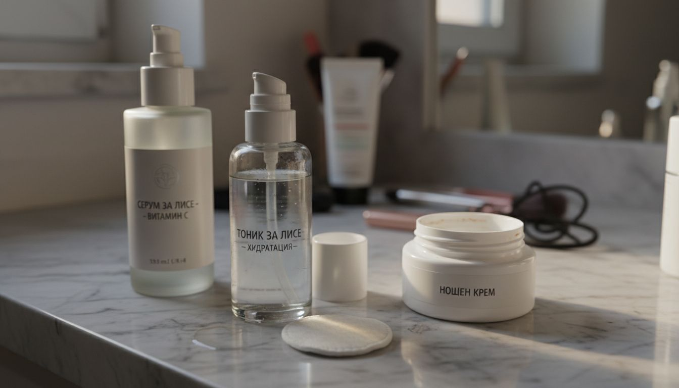 Бутилка тоник, поставена върху тоалетката, заобиколена от избрани съставки.