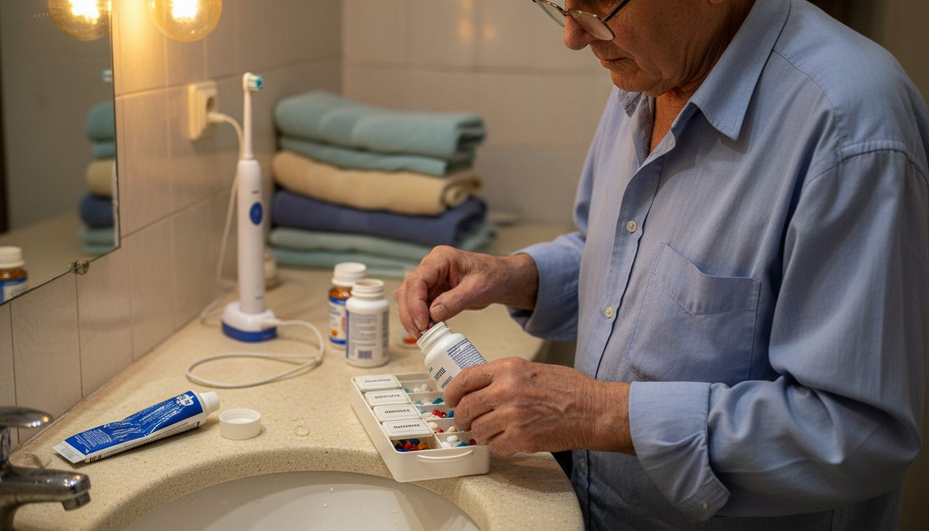 Възрастен мъж подрежда мултивитамините си и внимателно избира кои да приема днес.