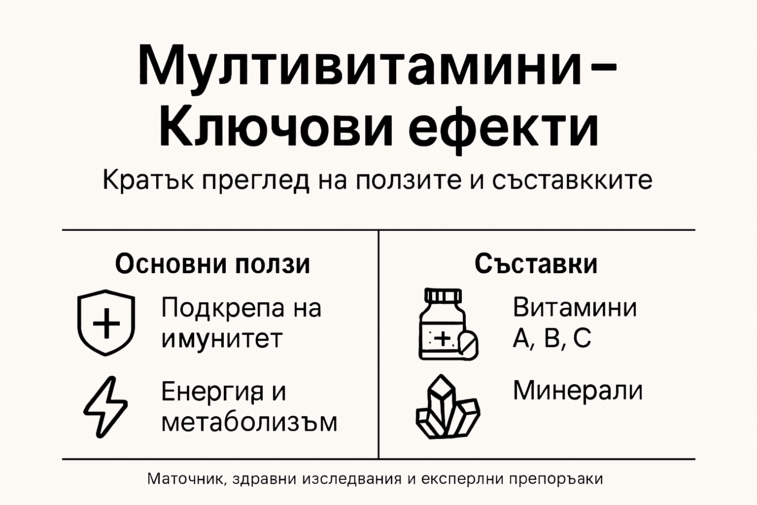 Инфографиката представя ползите от мултивитамините и основните им съставки.