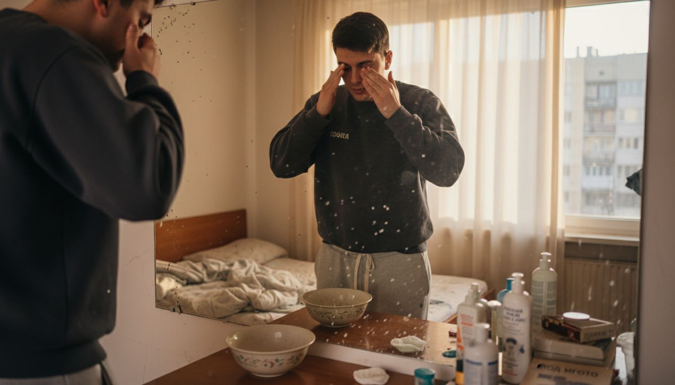 Мъж измива лицето си пред огледалото.