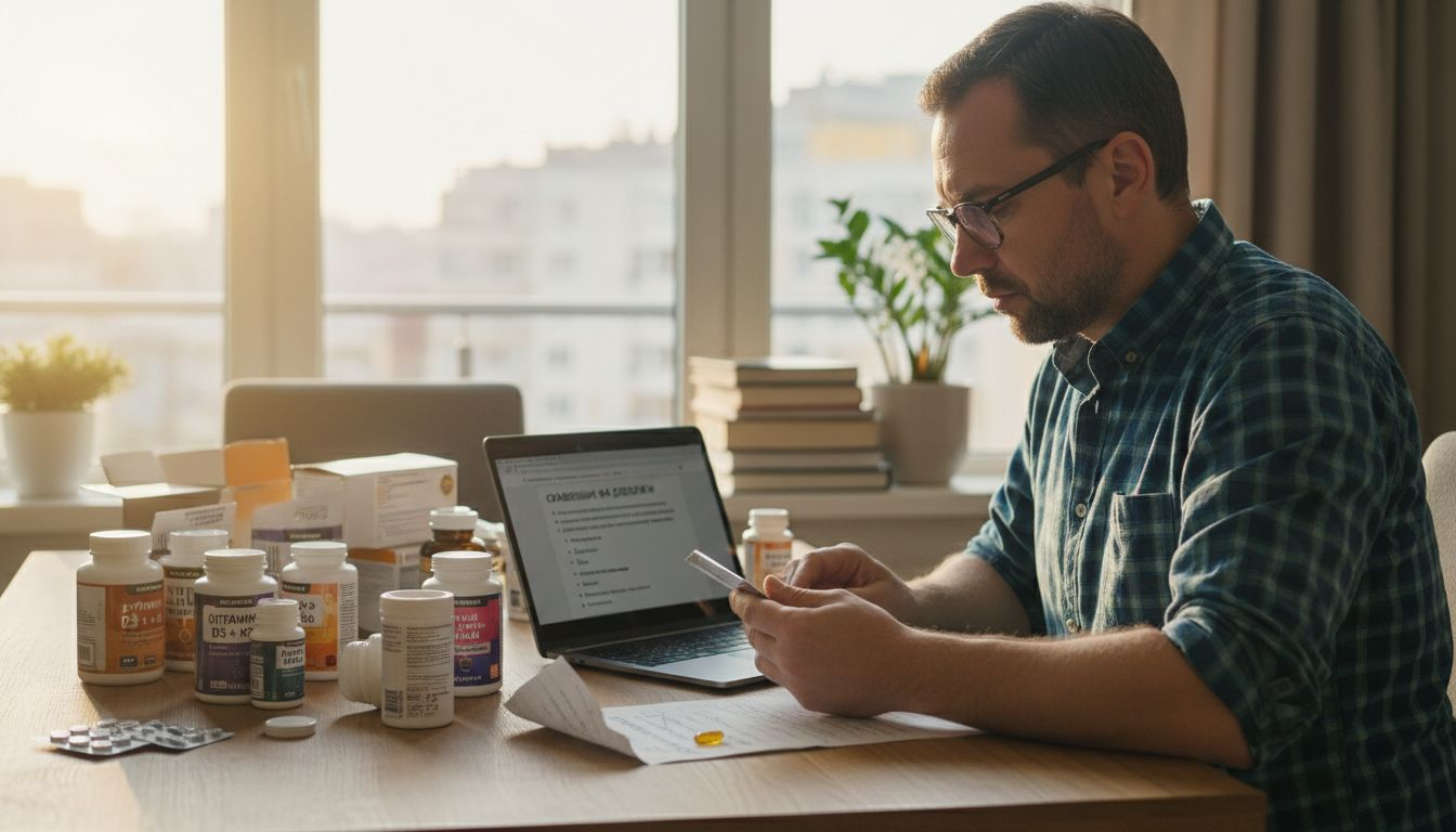 Мъж разглежда внимателно опаковките на хранителни добавки и чете отзиви за тях в интернет, преди да вземе решение.