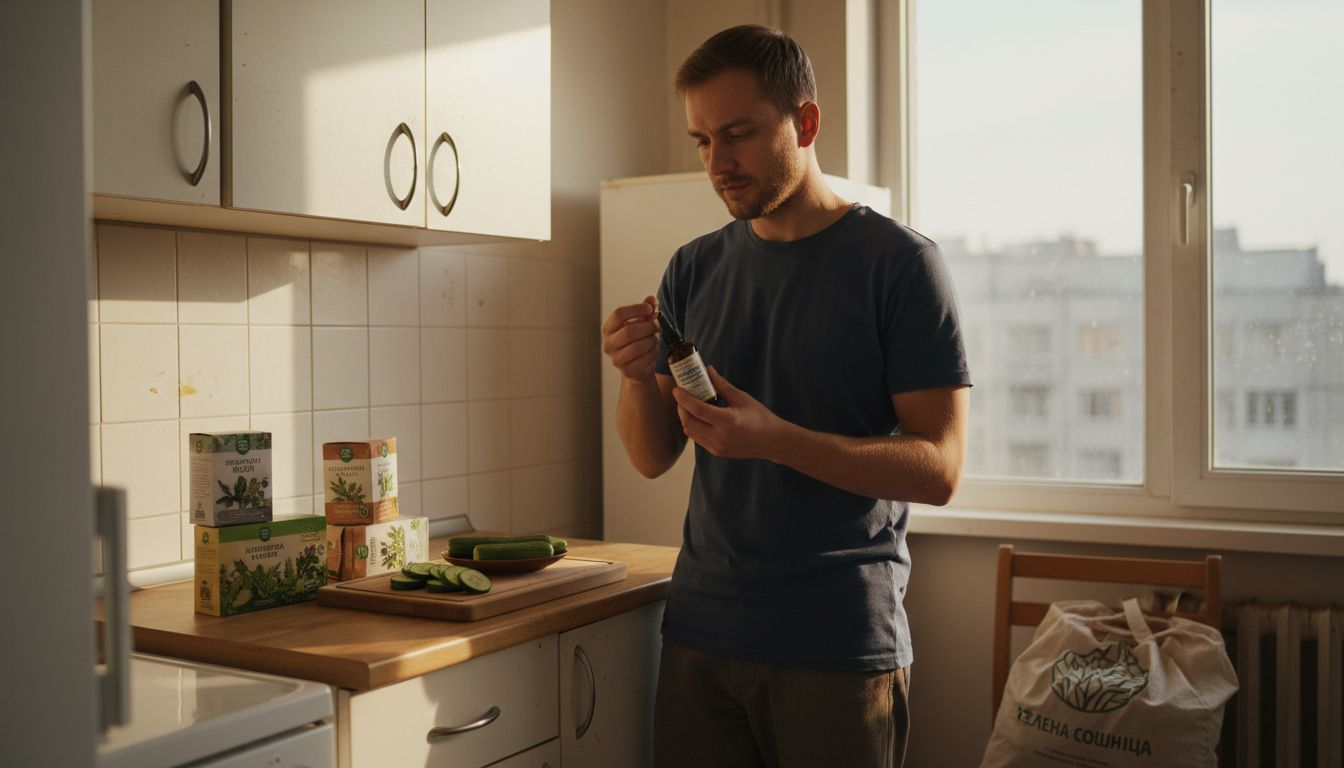 Мъж разглежда продукти за натурална грижа в кухнята си.