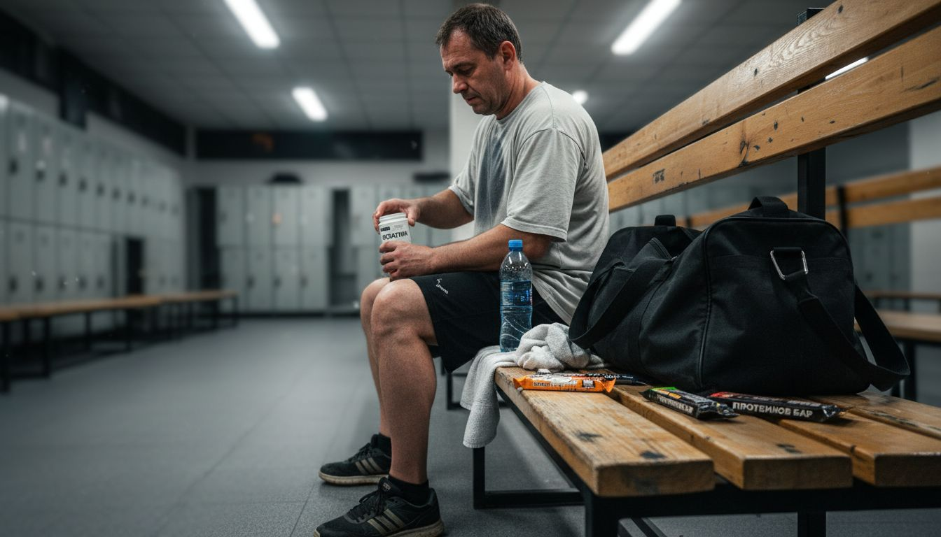 Мъж приготвя витамините си в съблекалнята на фитнеса.