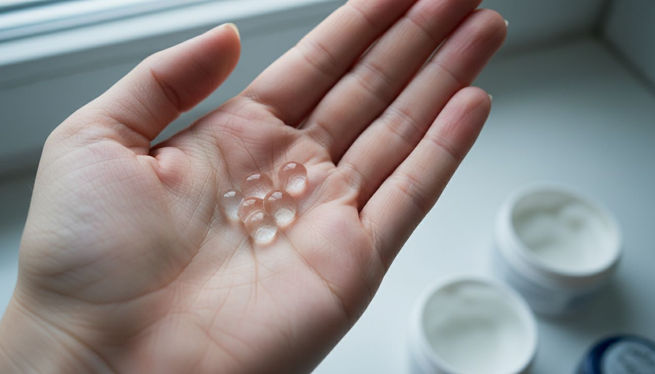 Големи капки хиалуронов гел, поставени върху дланта