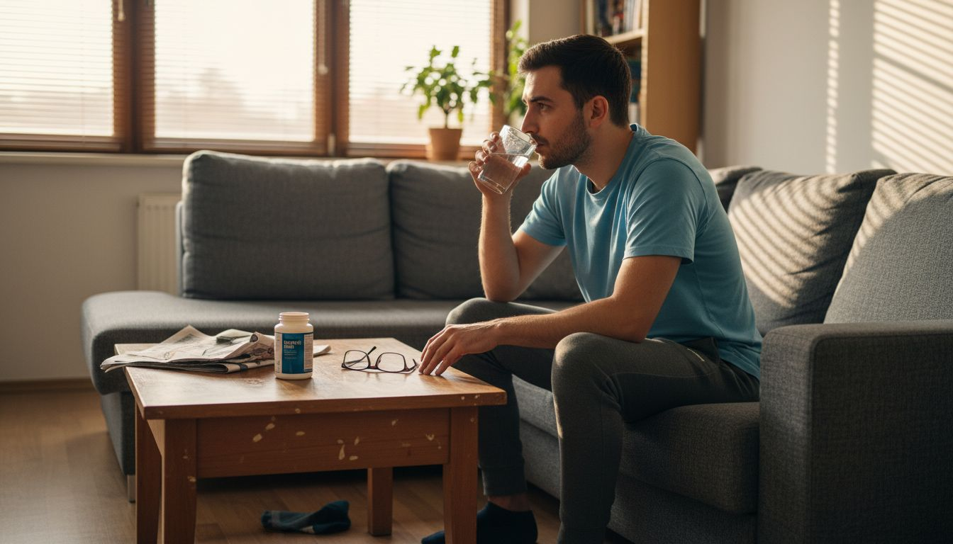 Мъж си взима витамини, докато си почива в хола.