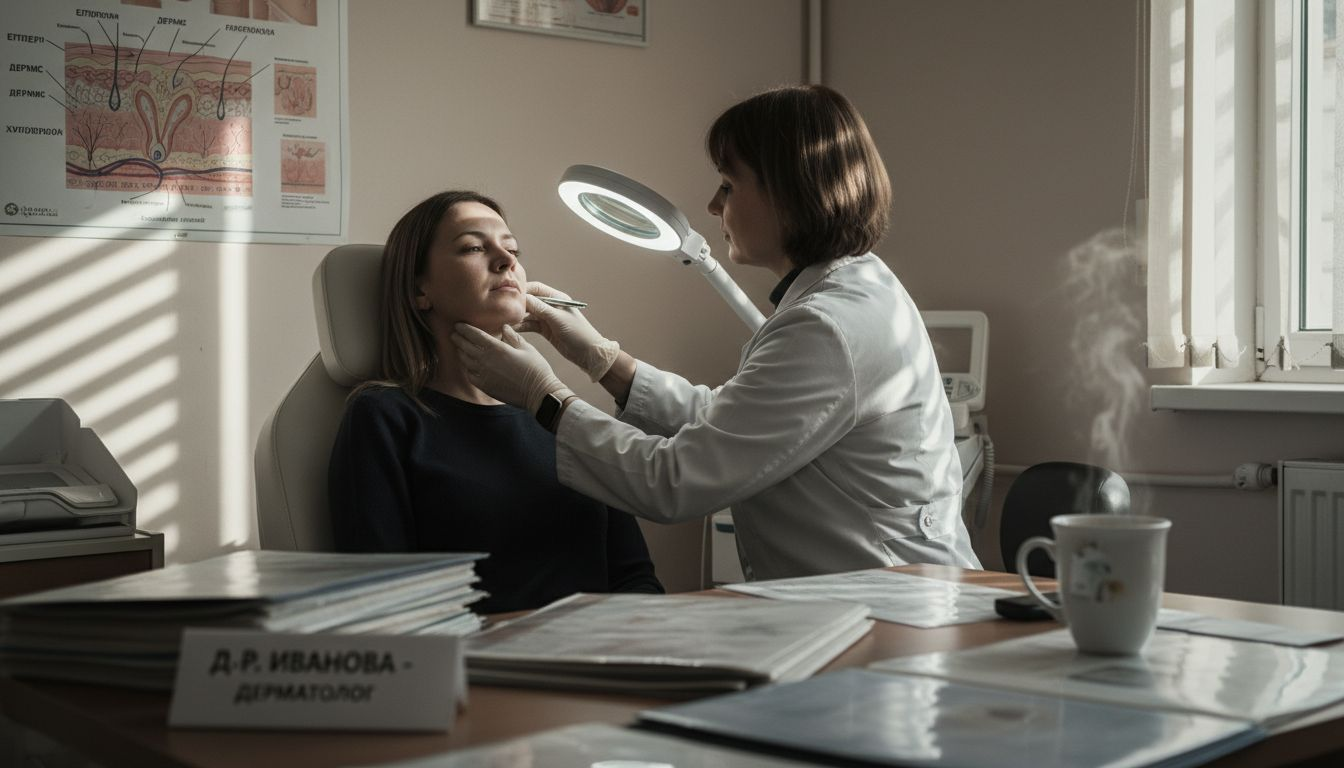 Дерматолог преглежда кожата на пациент, за да установи наличие на акне.