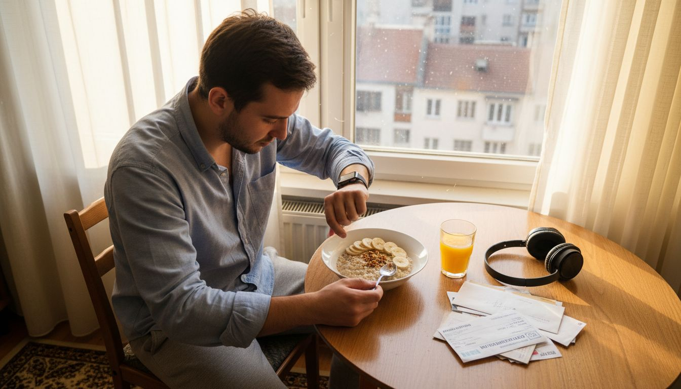 Мъж закусва здравословно на малка маса.