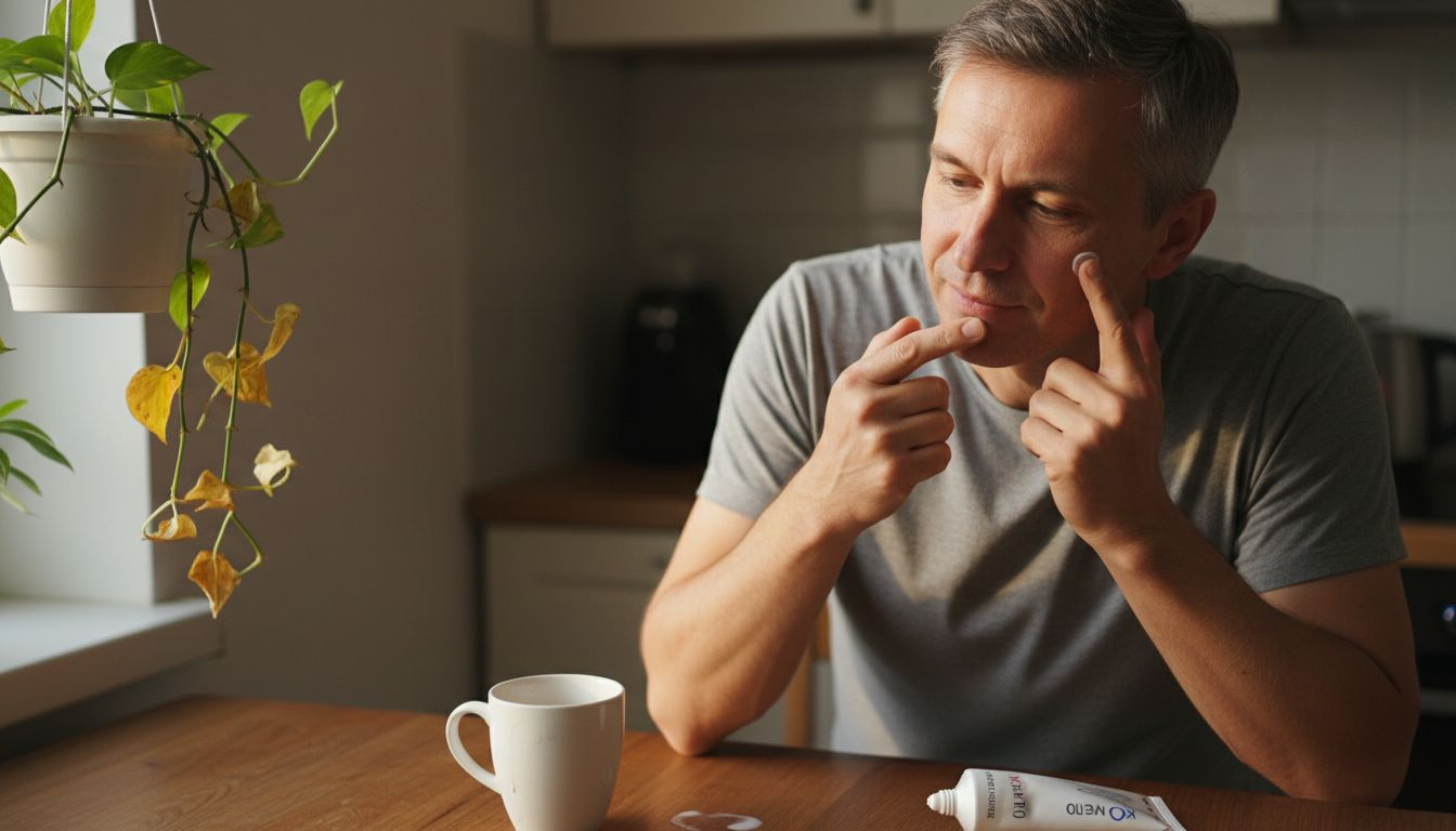 Сутрин мъжът нанася крем с Q10 върху лицето си.