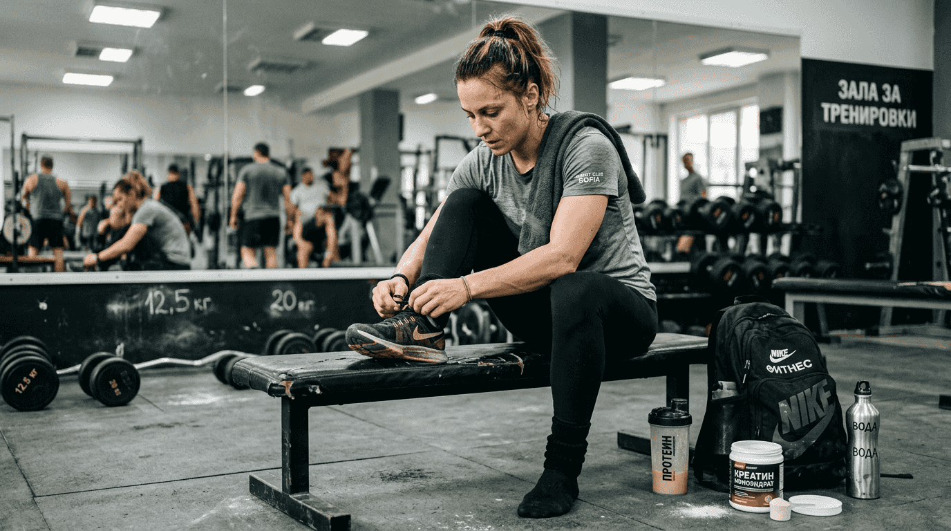 Спортист възстановява силите си след тренировка с прием на протеин.