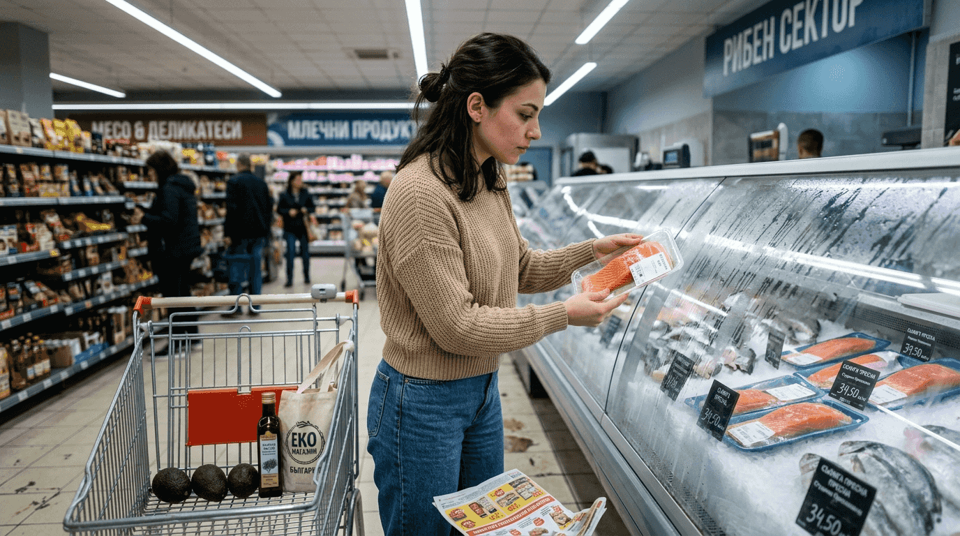 Жена разглежда различните видове риба на щанда в супермаркета, опитвайки се да избере най-свежата.