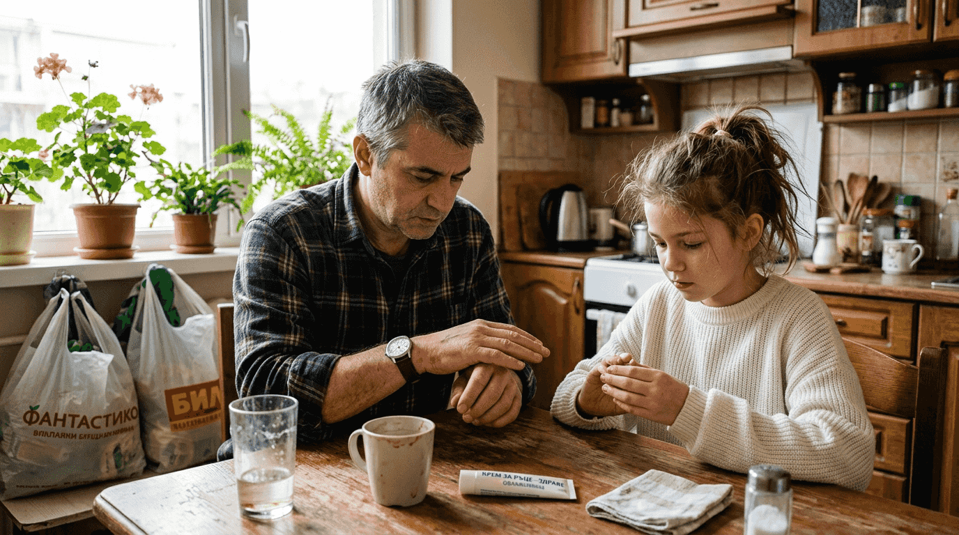 Семейството оглежда кожата си, за да види дали е суха.