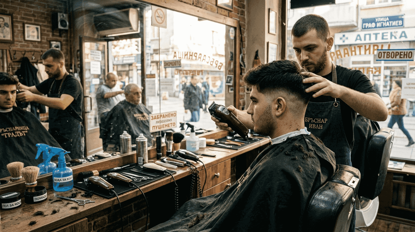 Фризьор оформя модерна прическа с плавно преливащи се къси страни на клиент.