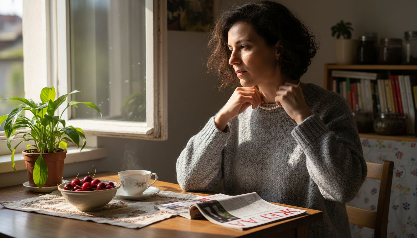 Жена си слага перлена огърлица у дома, докато се приготвя за специален повод.