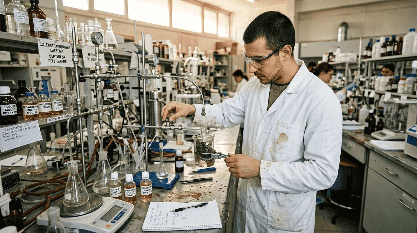 В лабораторията лаборантът извършва изследвания с натурални растителни екстракти.