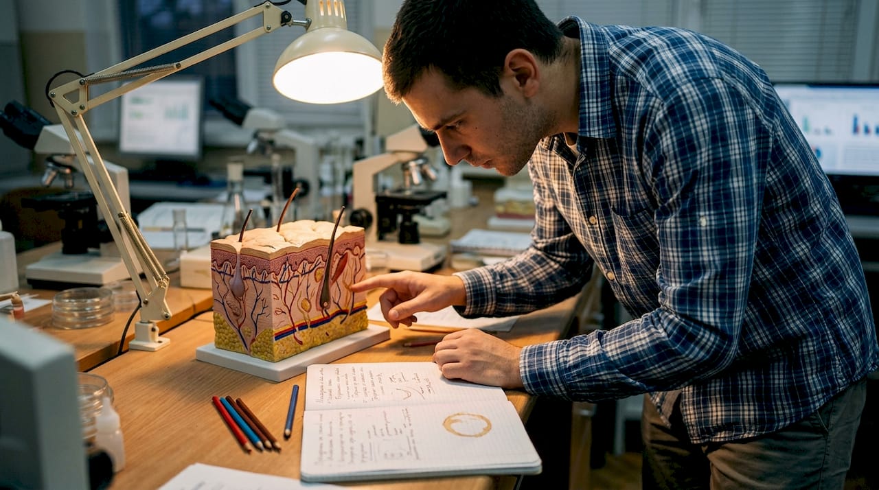 Студент разглежда модел на кожата върху бюрото си, като внимателно изучава различните й слоеве.