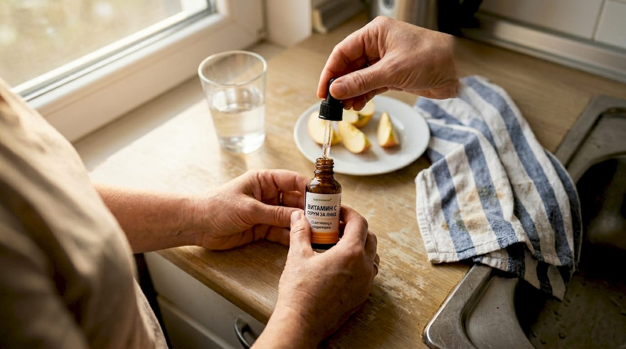 Жена забърква домашни продукти за грижа за кожата в кухнята си.