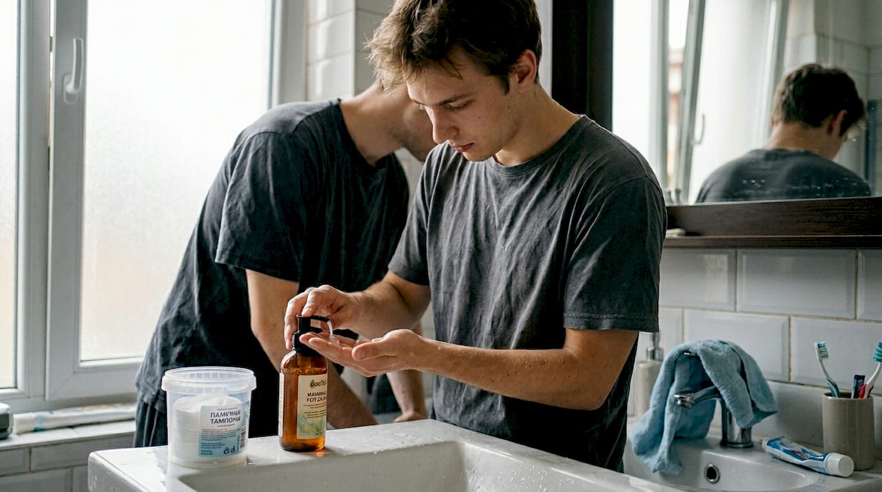 Мъж измива лицето си с почистващ гел пред огледалото в банята.