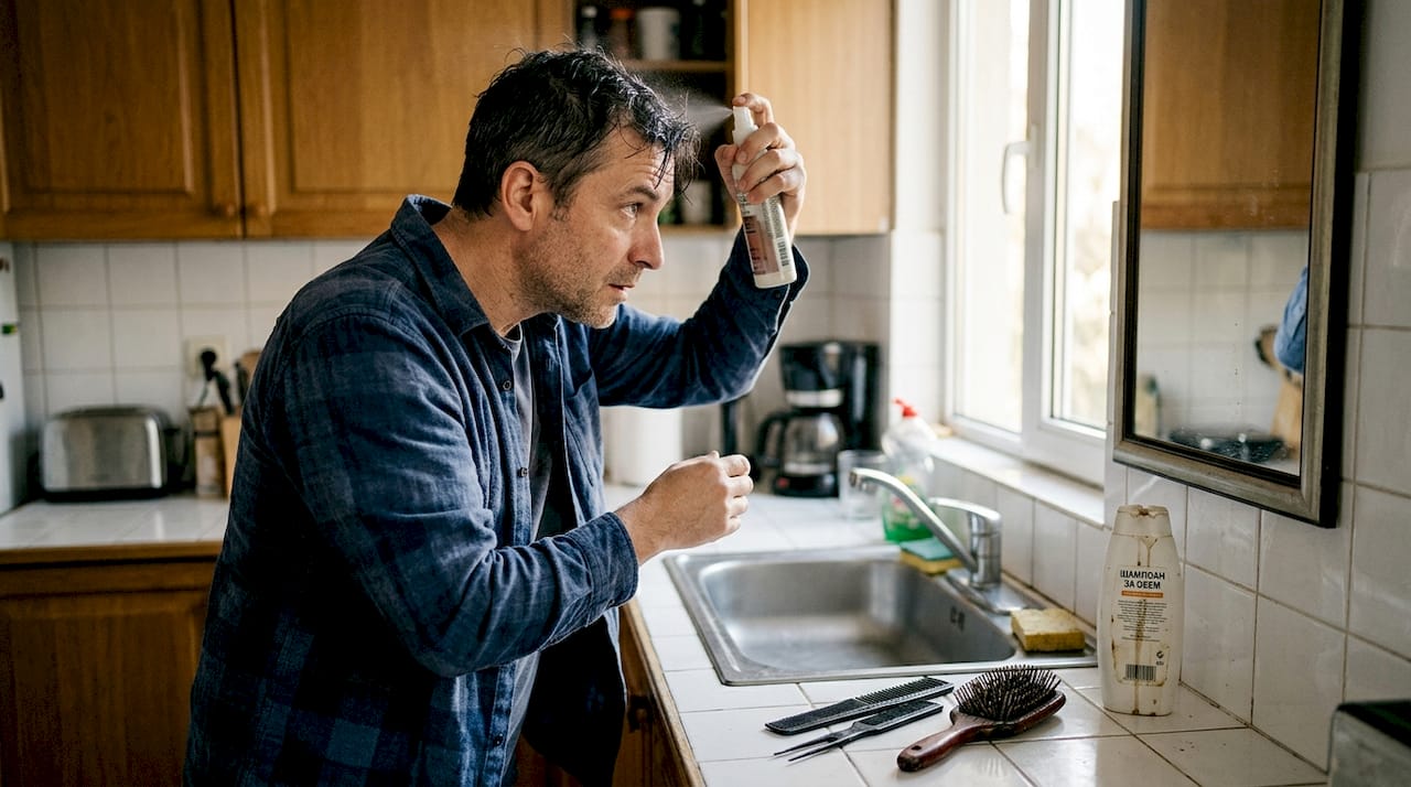 Мъж си слага термозащитен спрей преди да оформи прическата си.