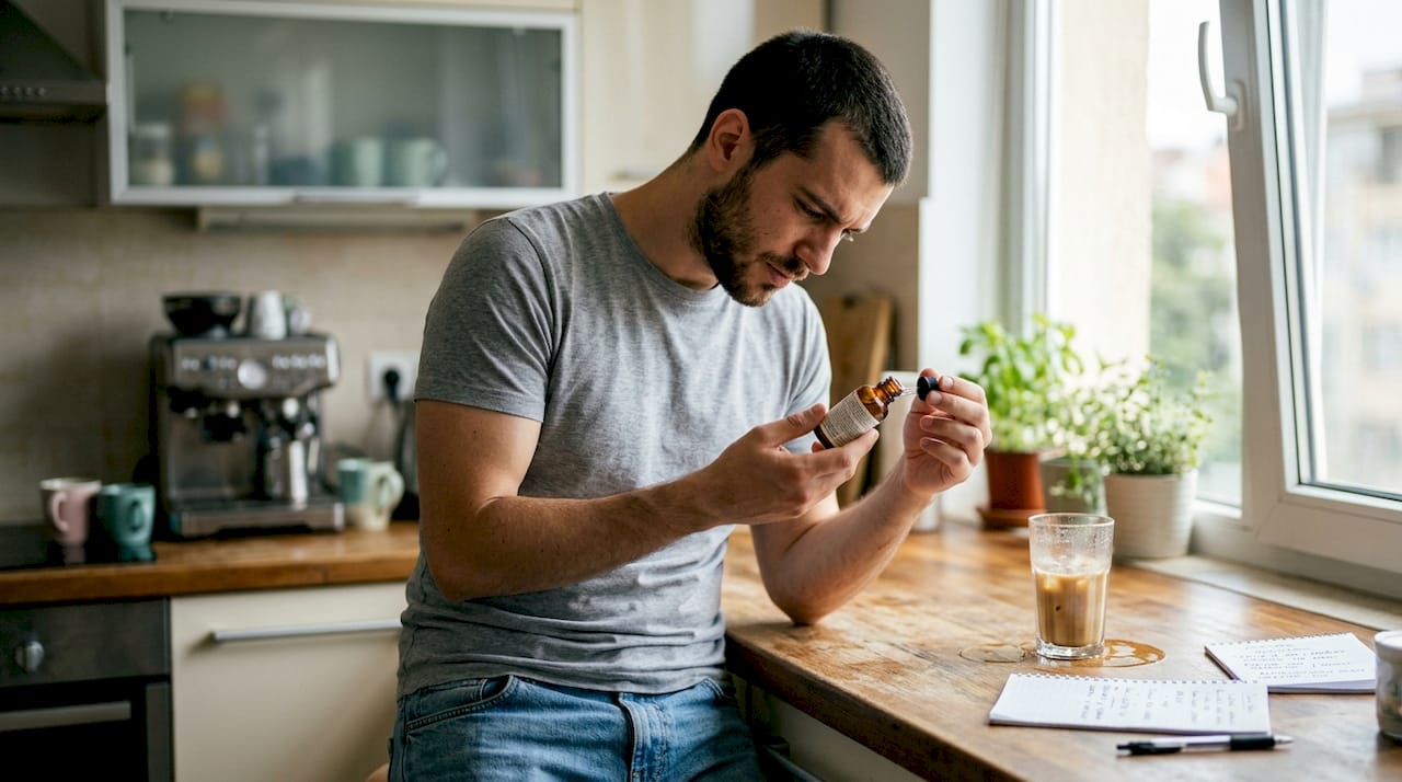 Мъж разглежда внимателно етикета на козметичен продукт