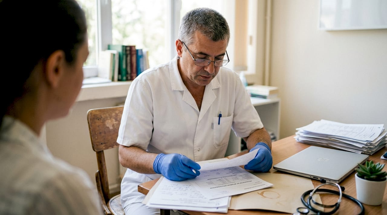 Лекарят преглежда резултатите от изследванията, за да установи дали има недостиг на витамини.