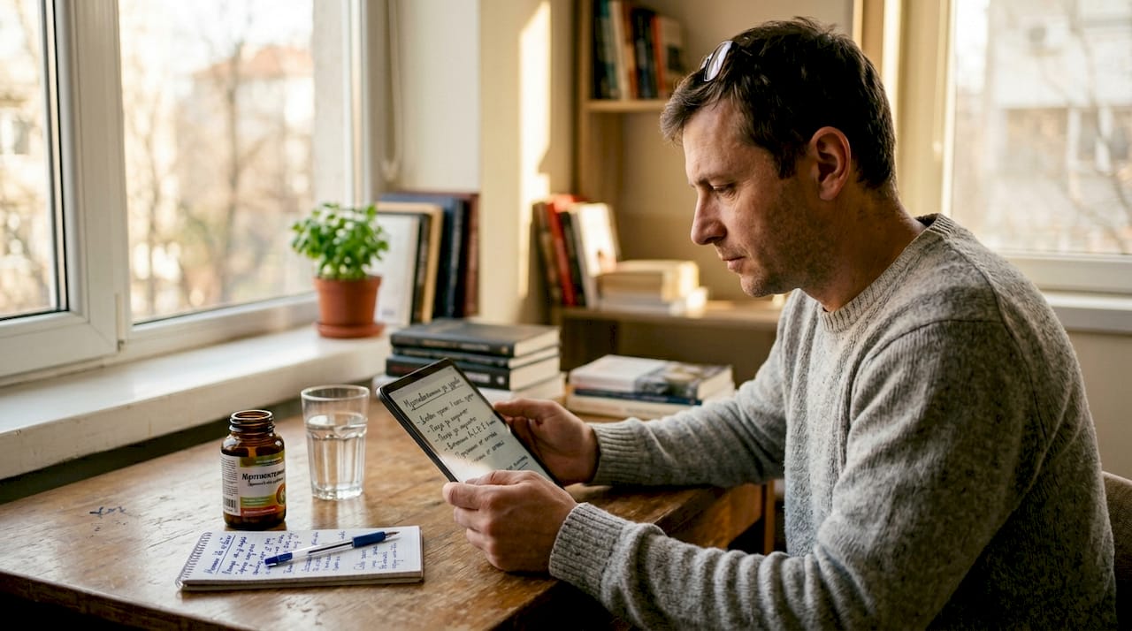 Мъж проучва информация за витамини, седнал на бюрото си у дома.