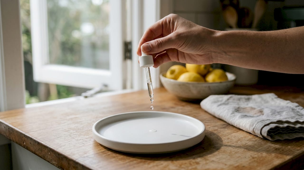 Ръка държи пипета със серум до малка купичка и свежи лимони.
